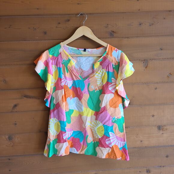 Pink and Green Boxy Cap Sleeve Graphic Blouse - Picture 2 of 5